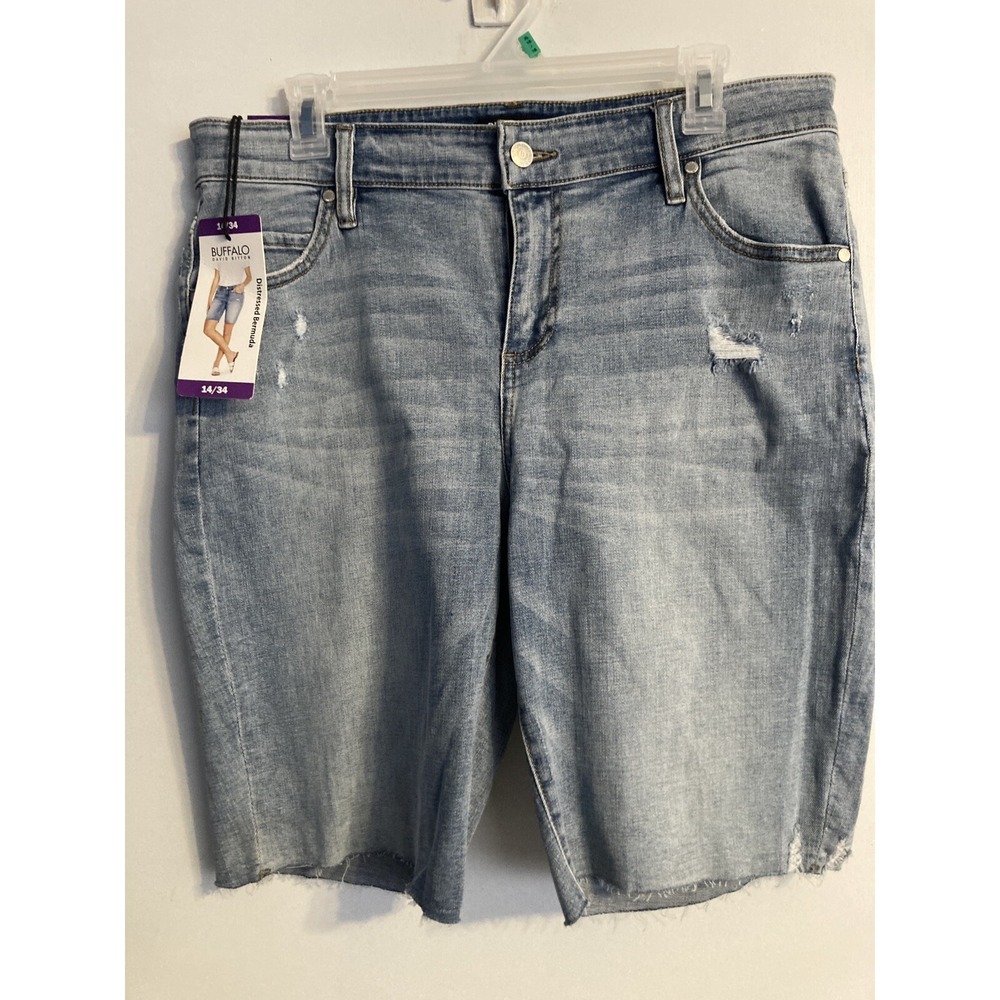 Buffalo David Bitton Women's Shorts 14/34 Blue Denim Distressed Mid Rise #1811